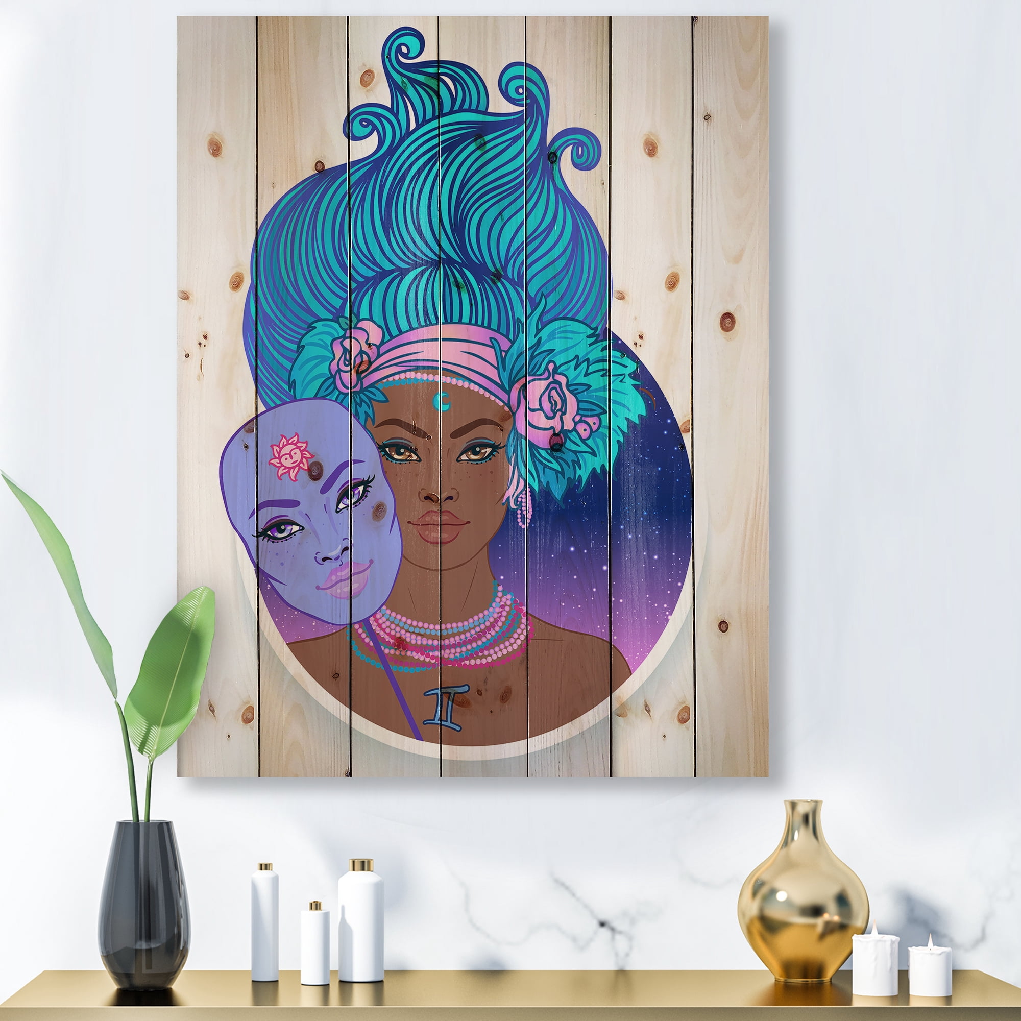 Designart 'Portrait of Afro American Girl With Blue Hair II' Modern Print on Natural Pine Wood