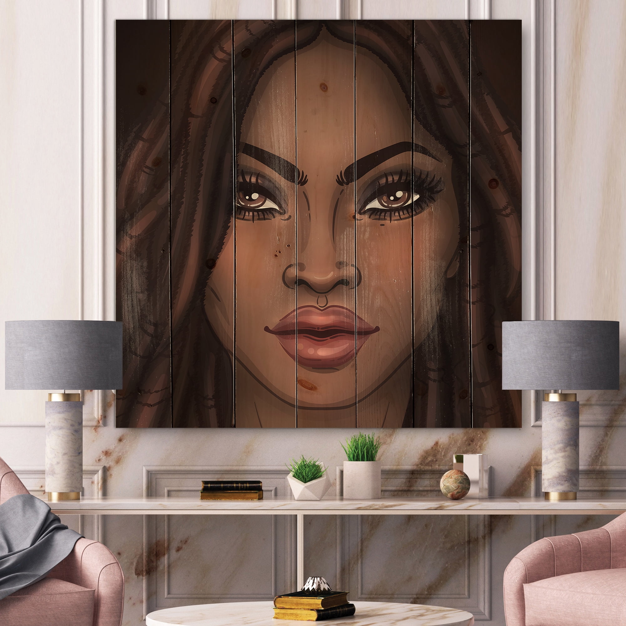 Designart 'Portrait of Afro American Woman I' Modern Print on Natural Pine Wood