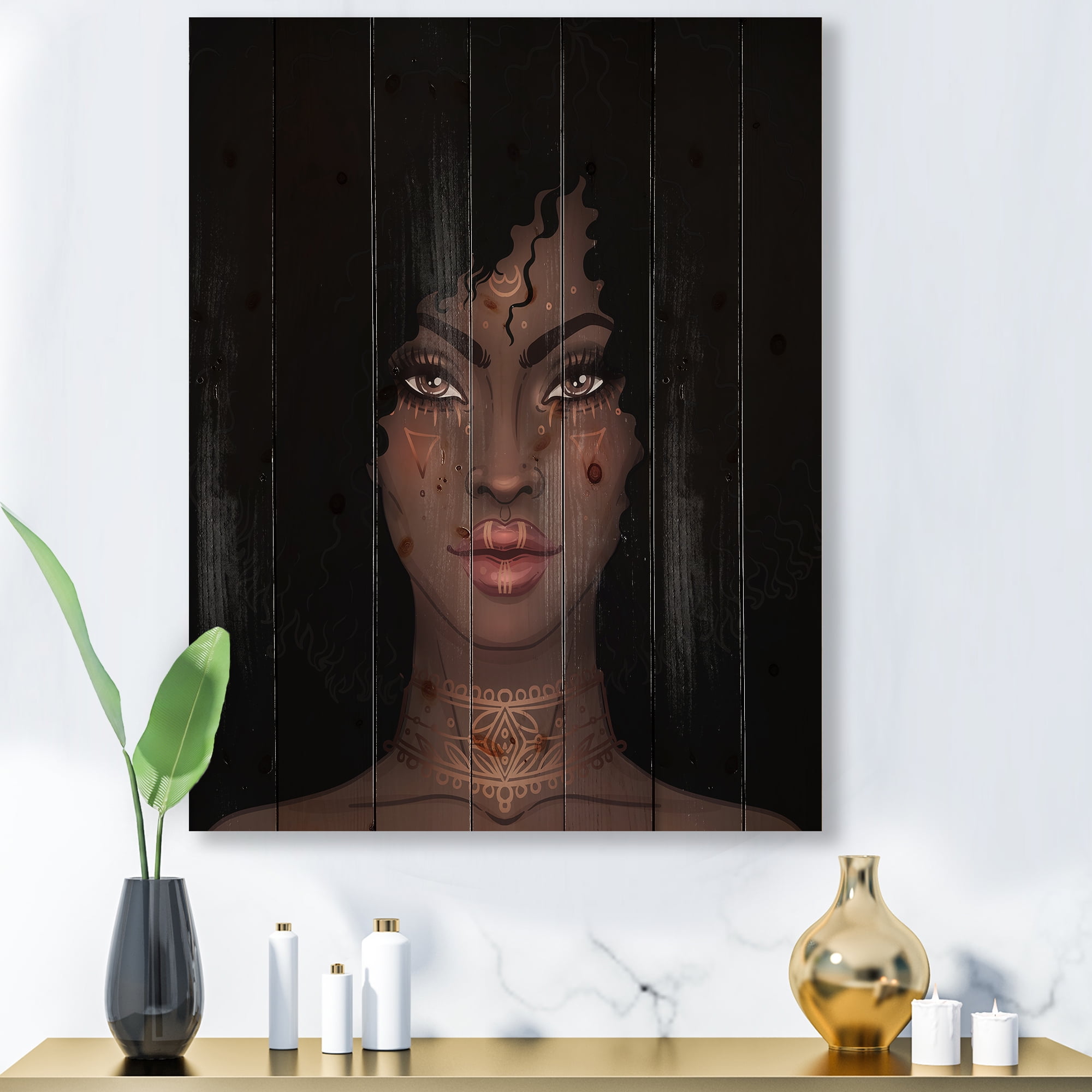 Designart 'Portrait of Afro American Woman II' Modern Print on Natural Pine Wood