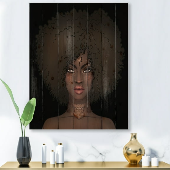 Designart 'Portrait of Afro American Woman III' Modern Print on Natural Pine Wood