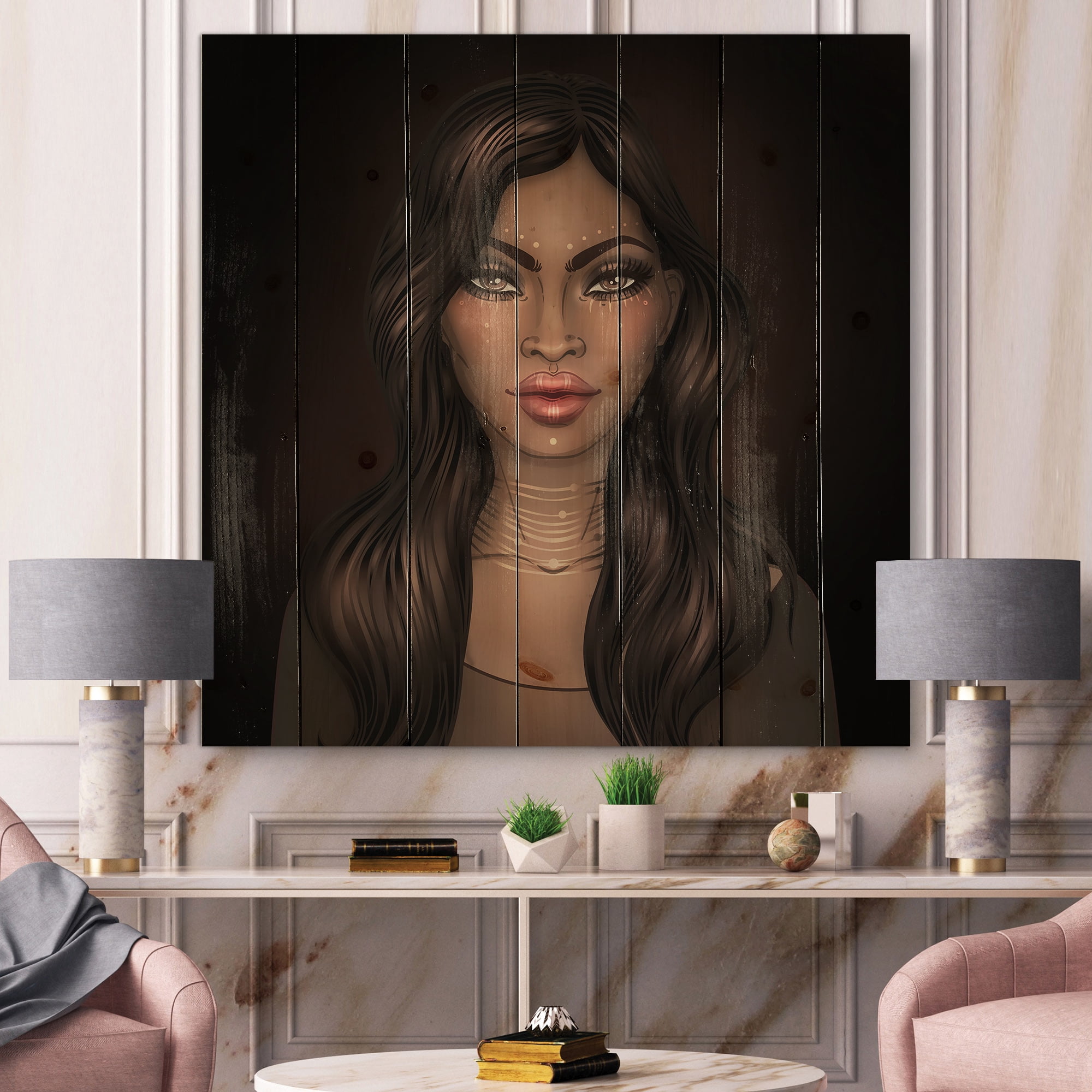 Designart 'Portrait of Afro American Woman IV' Modern Print on Natural Pine Wood