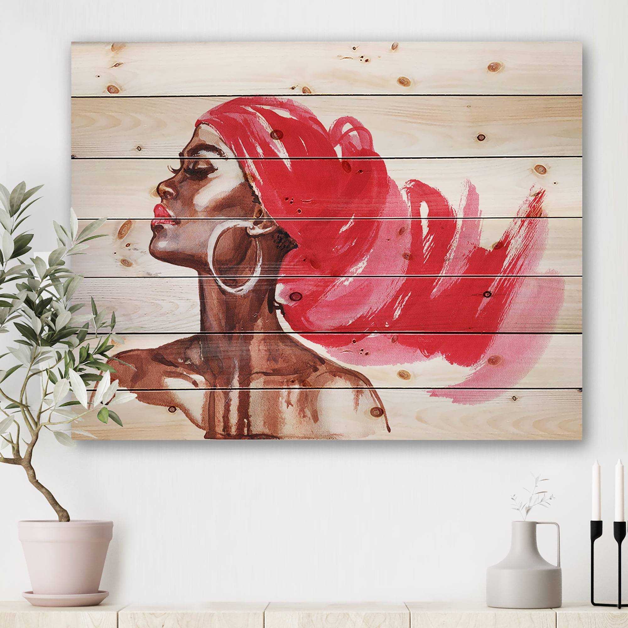 Designart 'Portrait of Afro American Woman IX' Modern Print on Natural Pine Wood