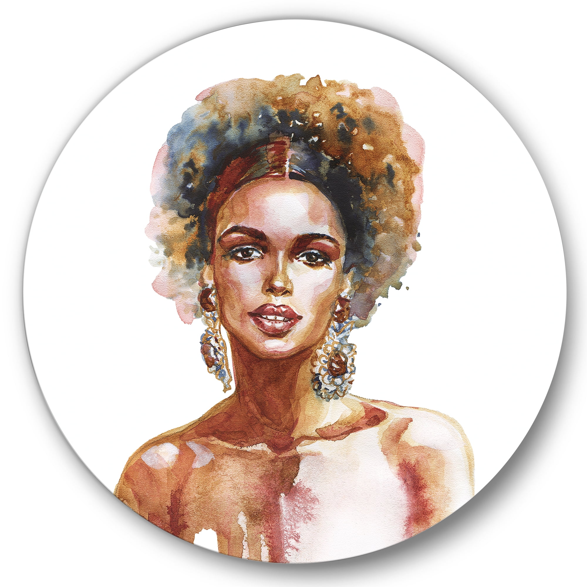 Designart 'Portrait of Afro American Woman V' Modern Circle Metal Wall Art 11x11 - Disc of 11