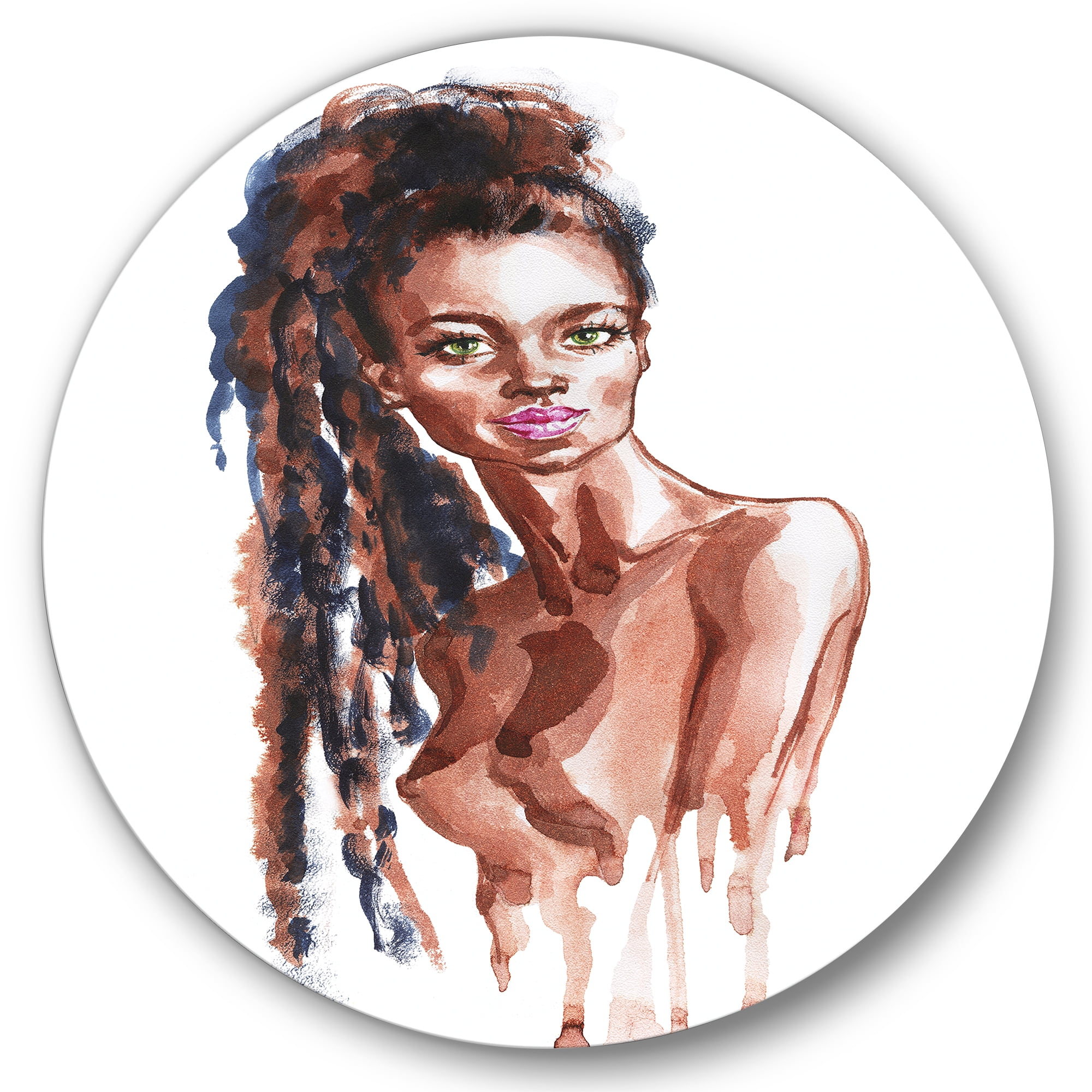 Designart 'Portrait of Afro American Woman VIII' Modern Circle Metal Wall Art 29x29 - Disc of 29