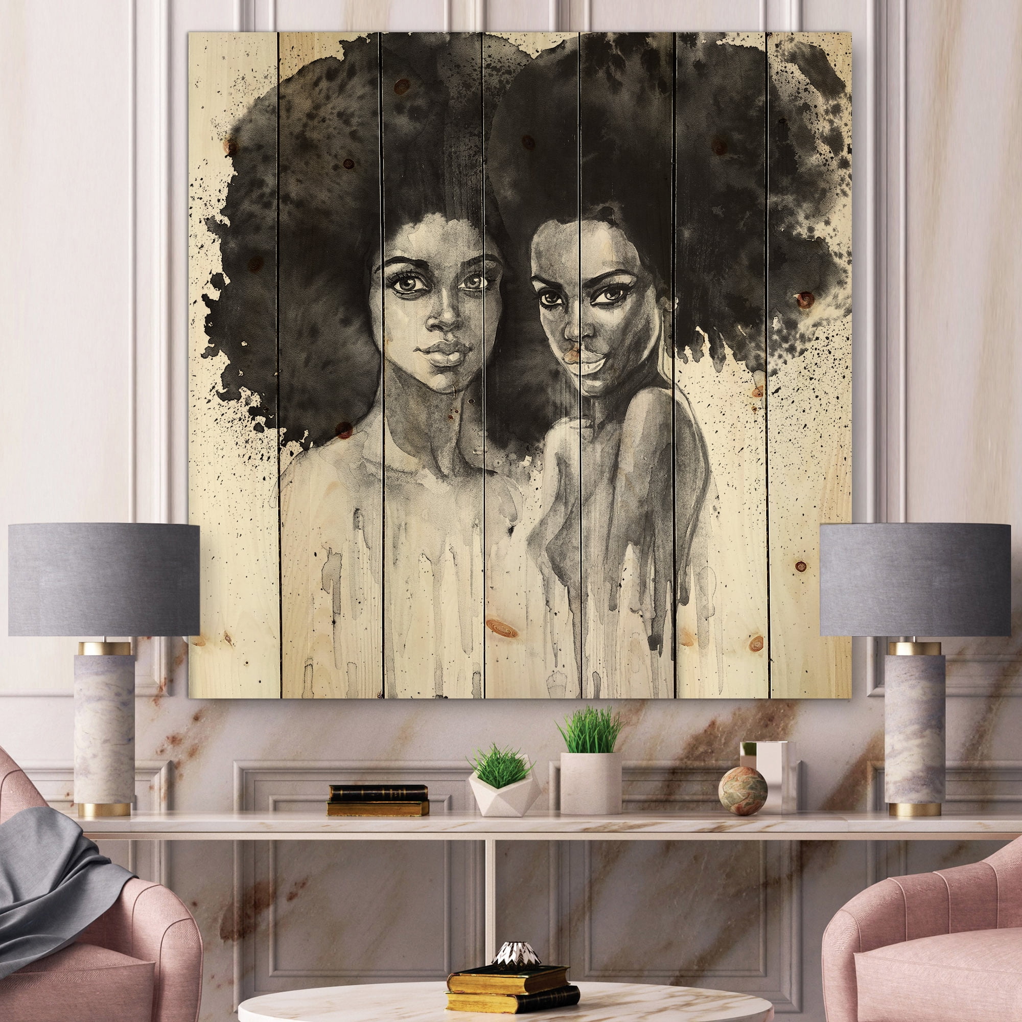 Designart 'Portrait of Afro American Woman XI' Modern Print on Natural Pine Wood