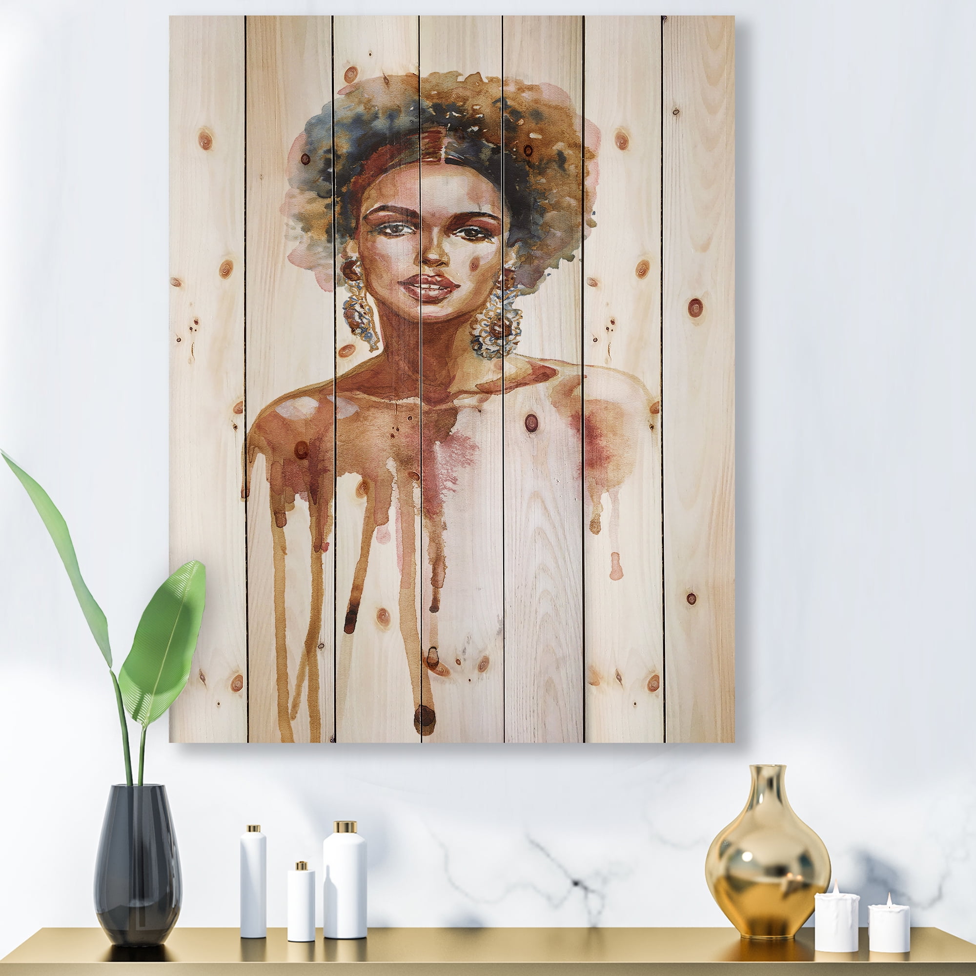 Designart 'Portrait of Afro American Woman XIII' Modern Print on Natural Pine Wood