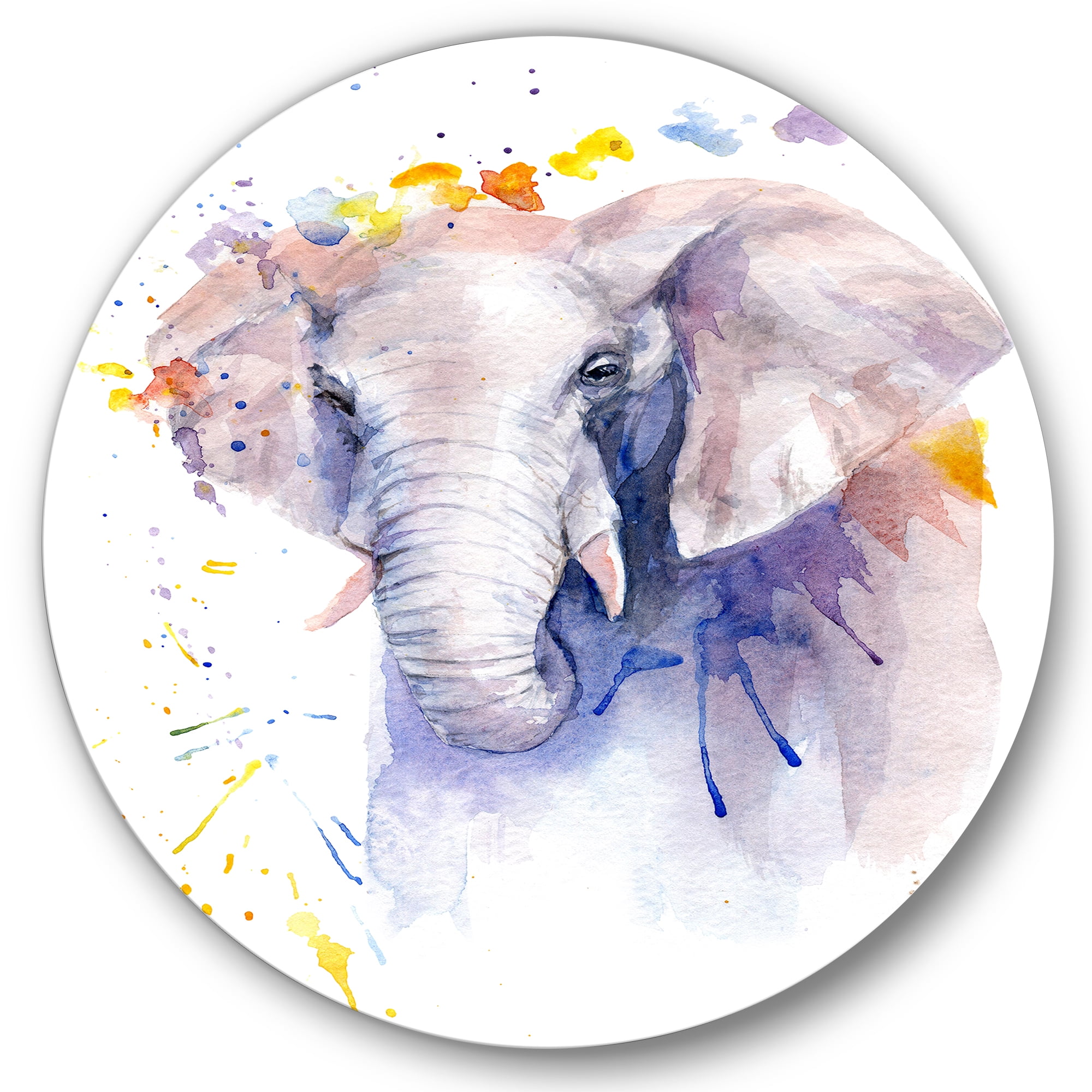 Designart 'Portrait of An Elephant Yellow and Blue Strokes' Farmhouse Circle Metal Wall Art 23x23 - Disc of 23