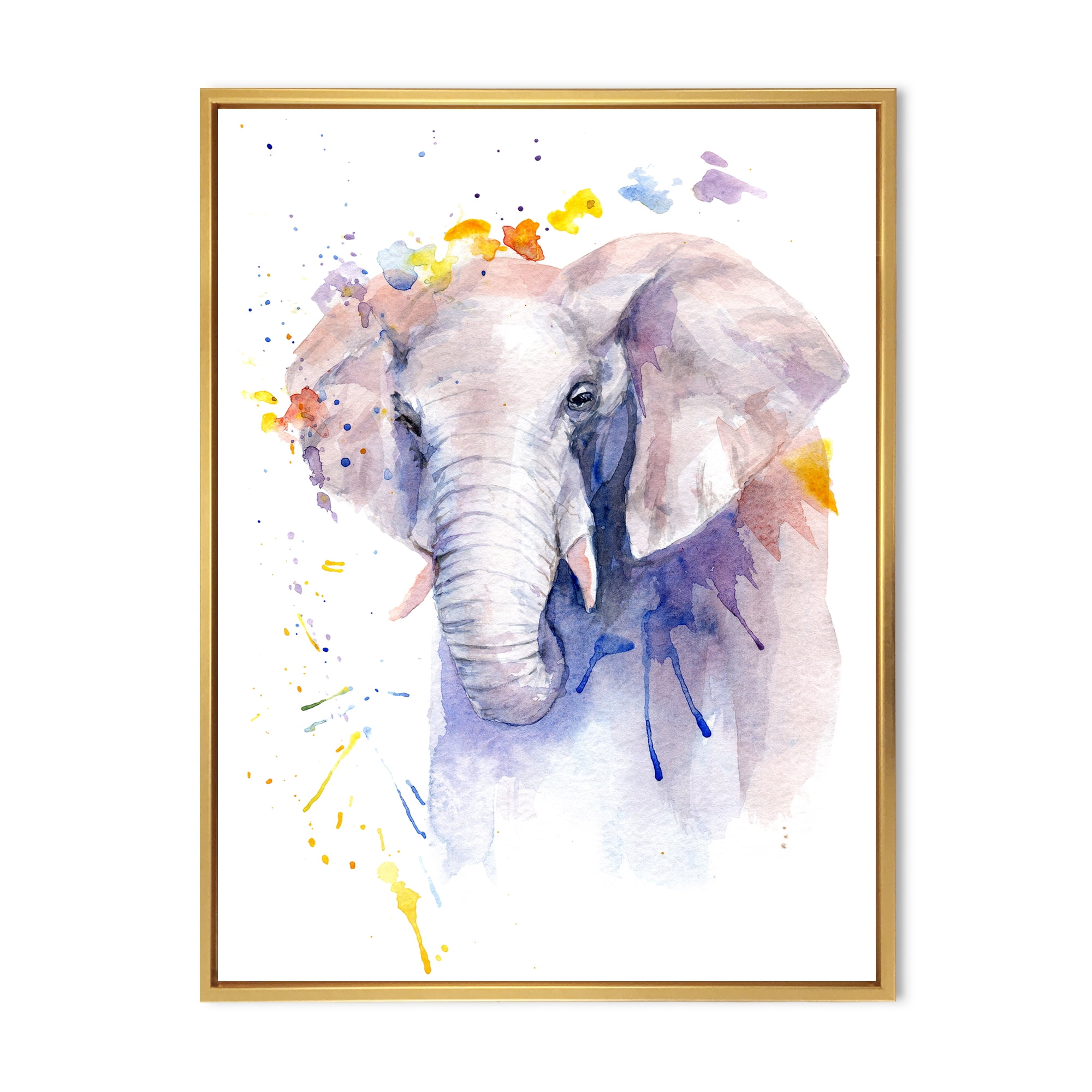 Designart 'Portrait of An Elephant Yellow and Blue Strokes' Farmhouse Framed Canvas Wall Art Print