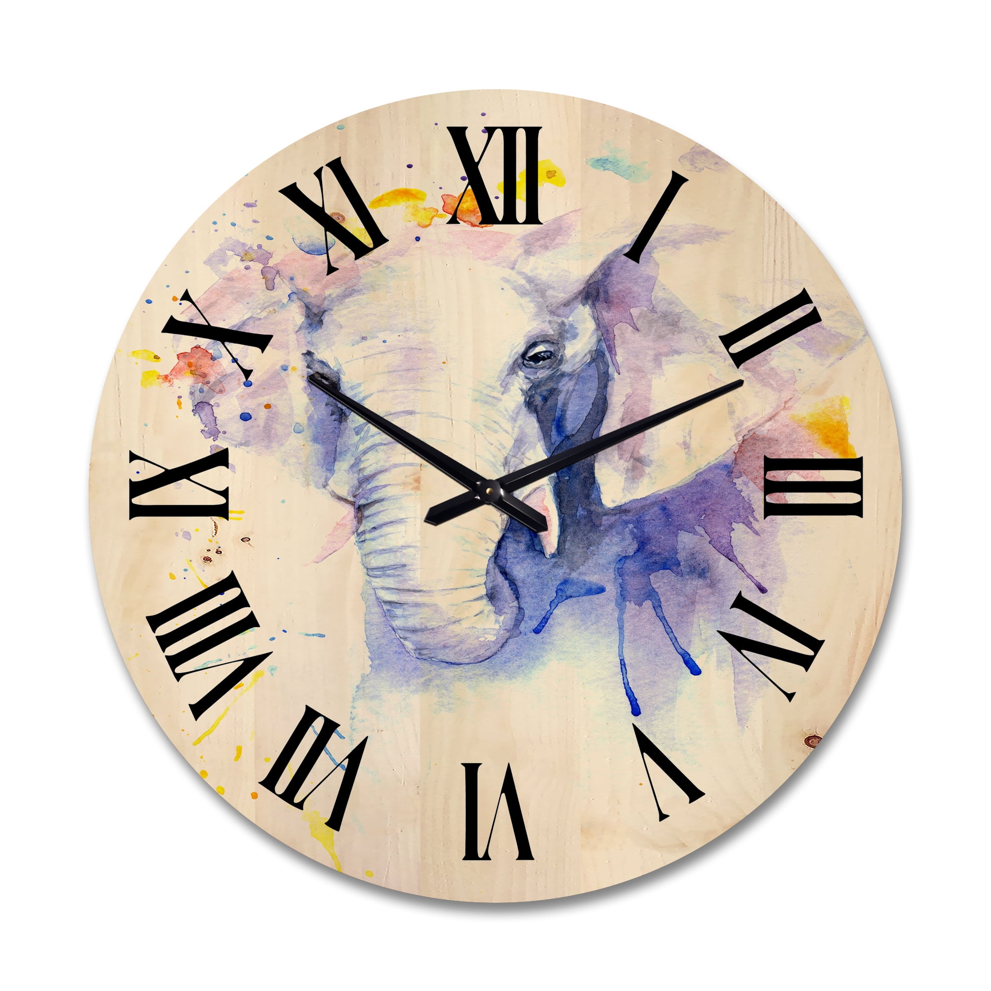 Designart 'Portrait of An Elephant Yellow and Blue Strokes' Farmhouse Wood Wall Clock