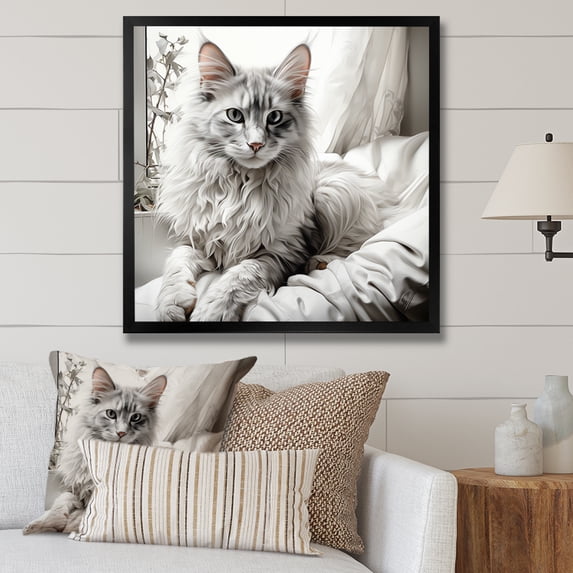Designart "Portrait of Cuddling Cat in Black and White II" Animals Framed Wall Art Decor - Modern Black Cat Entryway Framed Wall Art