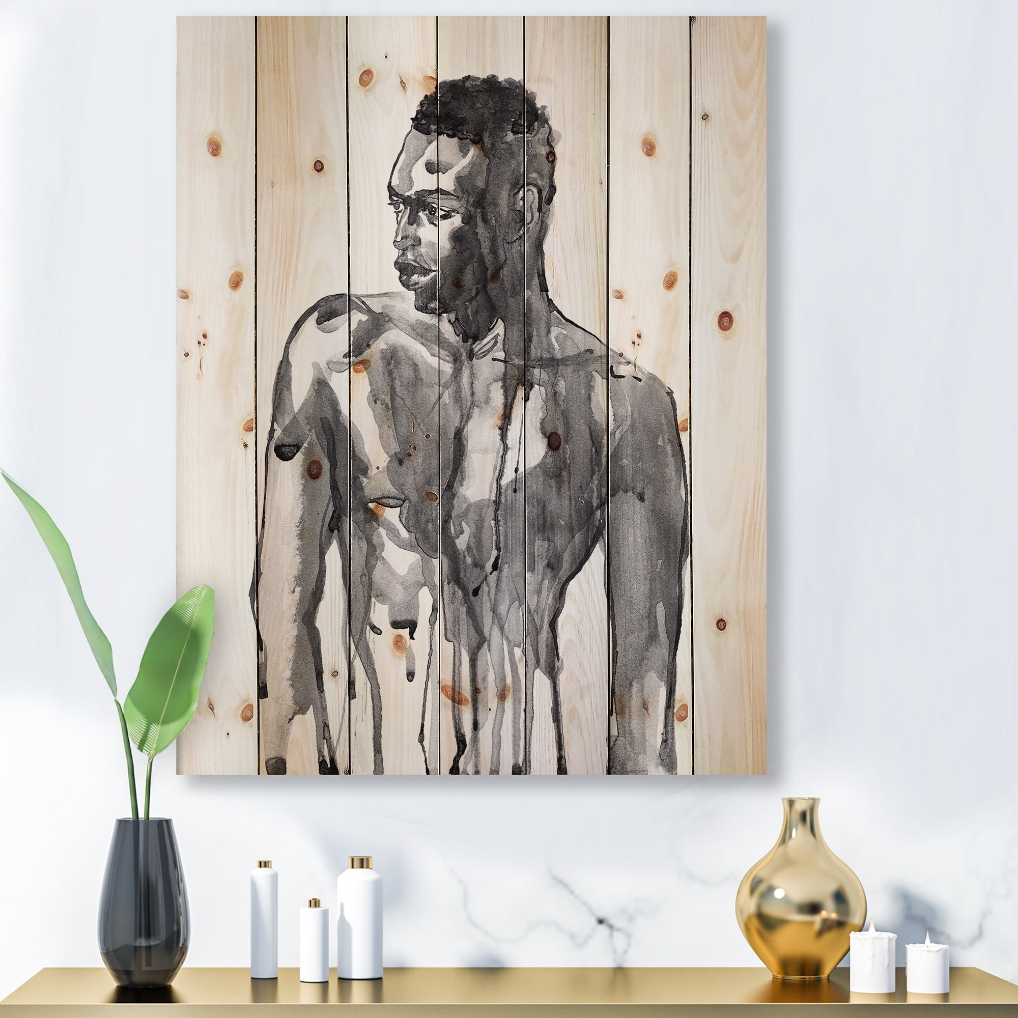 Designart 'Portrait of Handsome African Man On White I' Modern Print on Natural Pine Wood