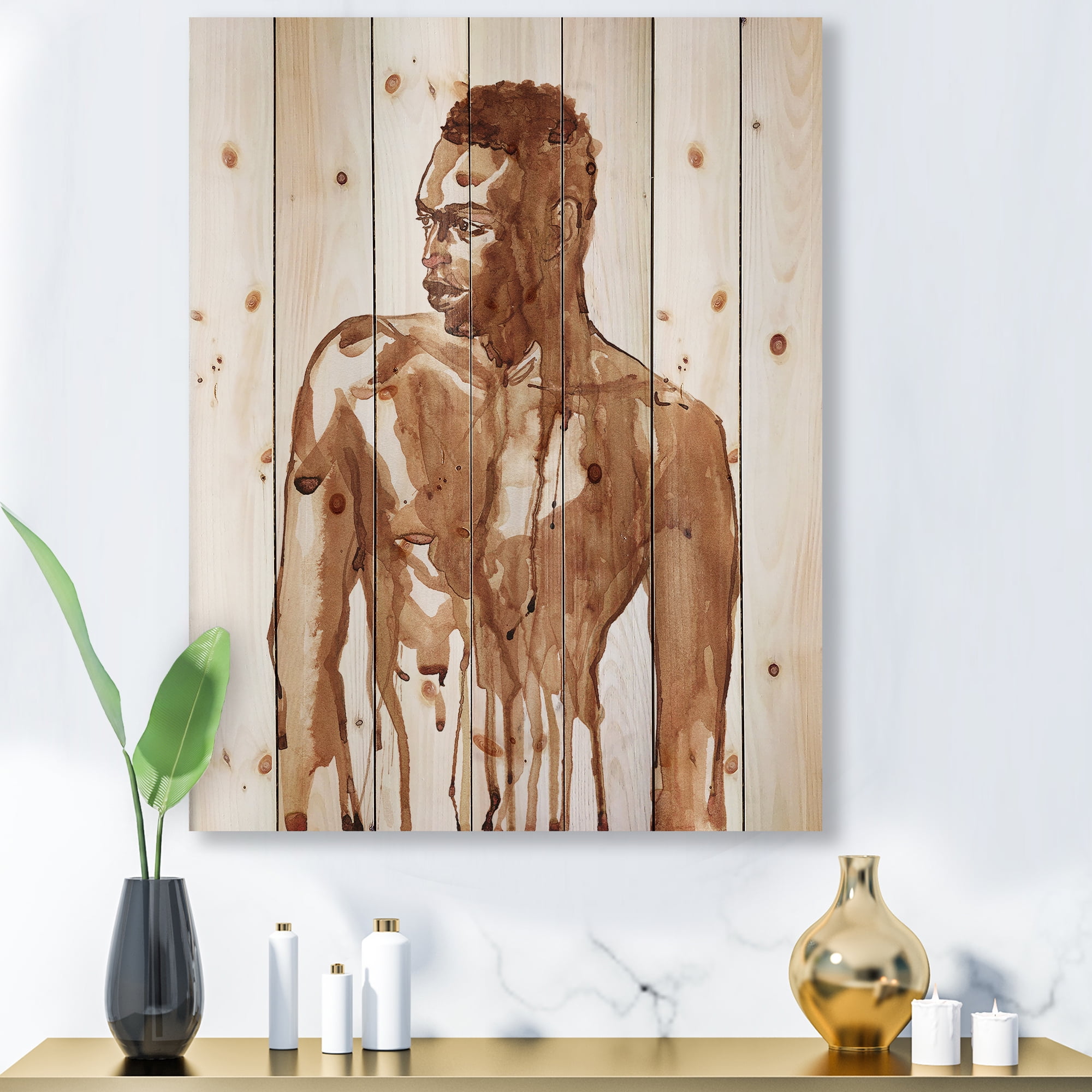 Designart 'Portrait of Handsome African Man On White II' Modern Print on Natural Pine Wood