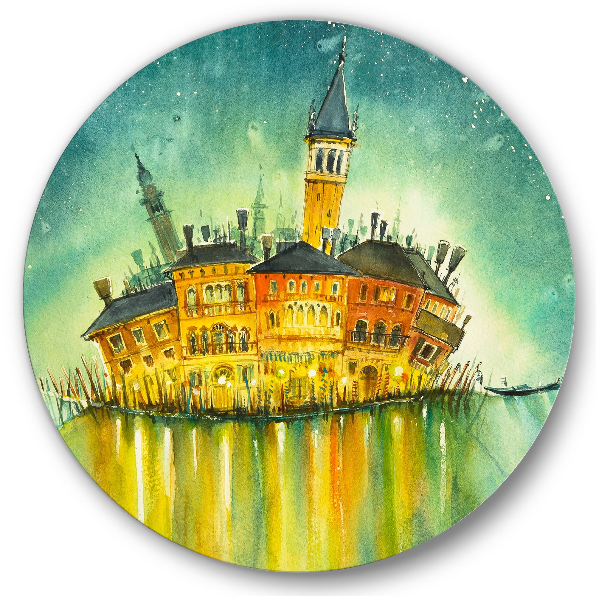 Designart 'Portrait of Idyllic Island of Venice At Night' Modern Circle Metal Wall Art 11x11 - Disc of 11