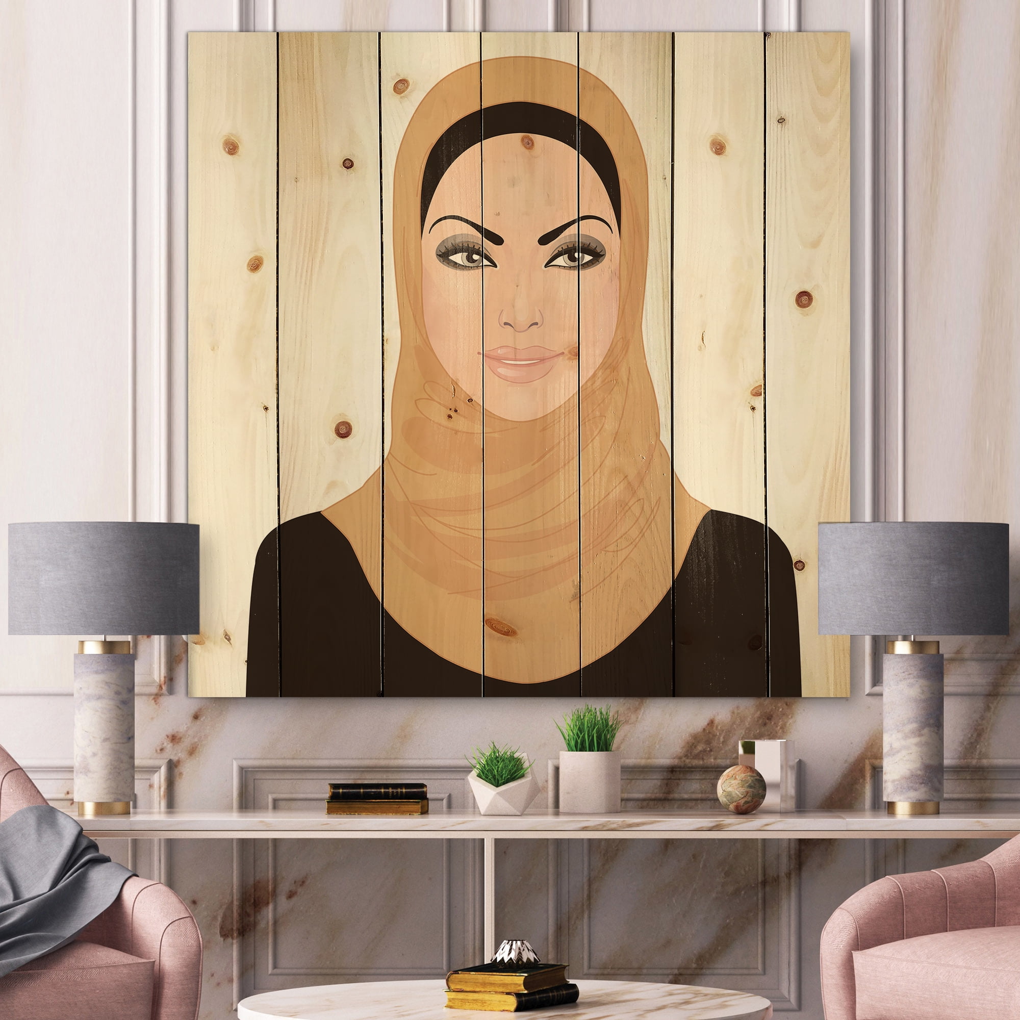 Designart 'Portrait of Muslim Girl In Traditional Hijab' Modern Print on Natural Pine Wood