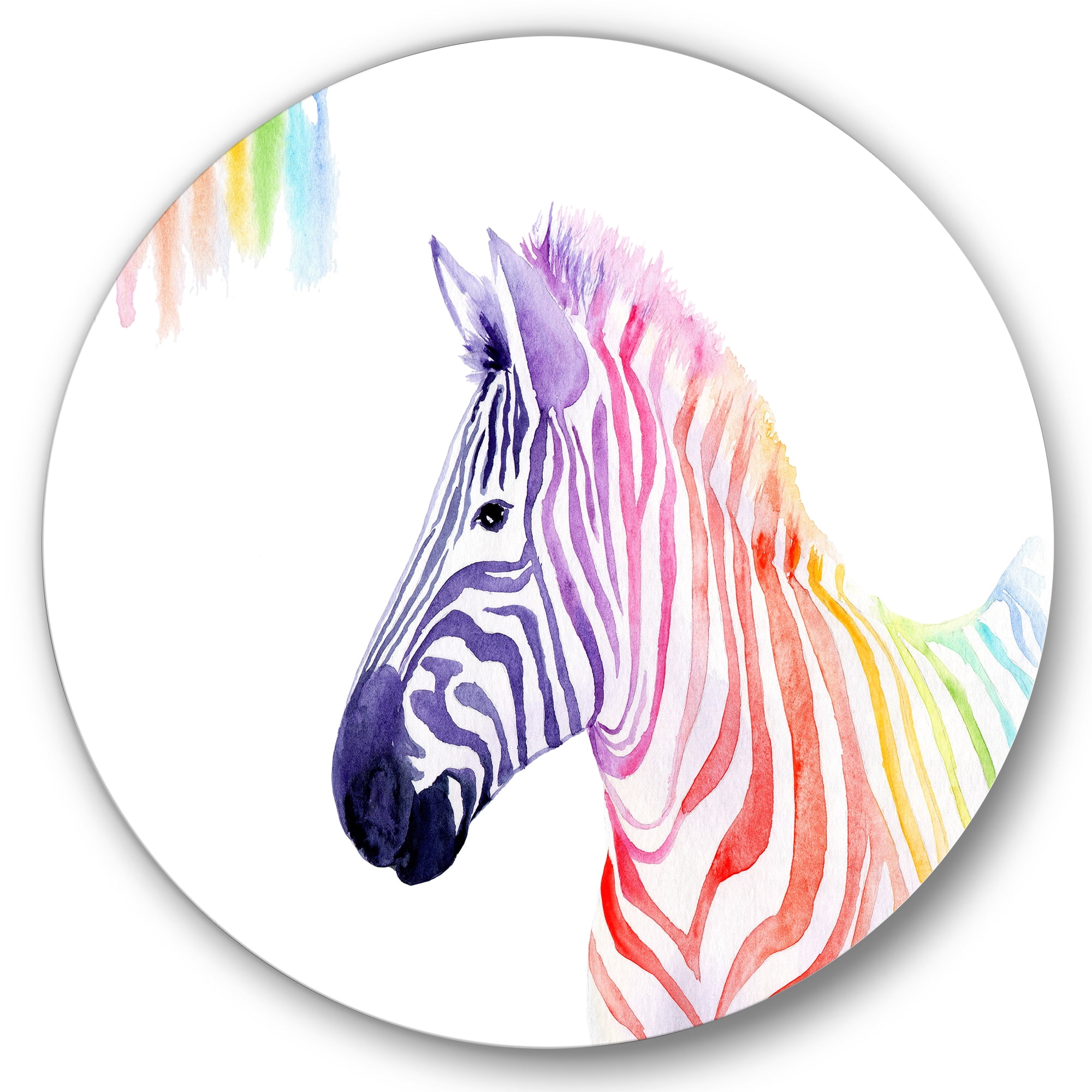 Designart 'Portrait of Rainbow Zebra On White' Farmhouse Circle Metal Wall Art 36x36 - Disc of 36