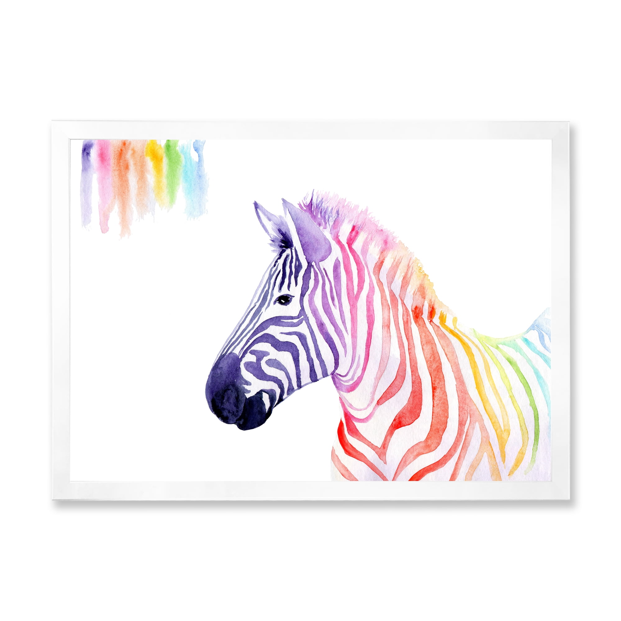 Designart 'Portrait of Rainbow Zebra On White' Farmhouse Framed Art Print