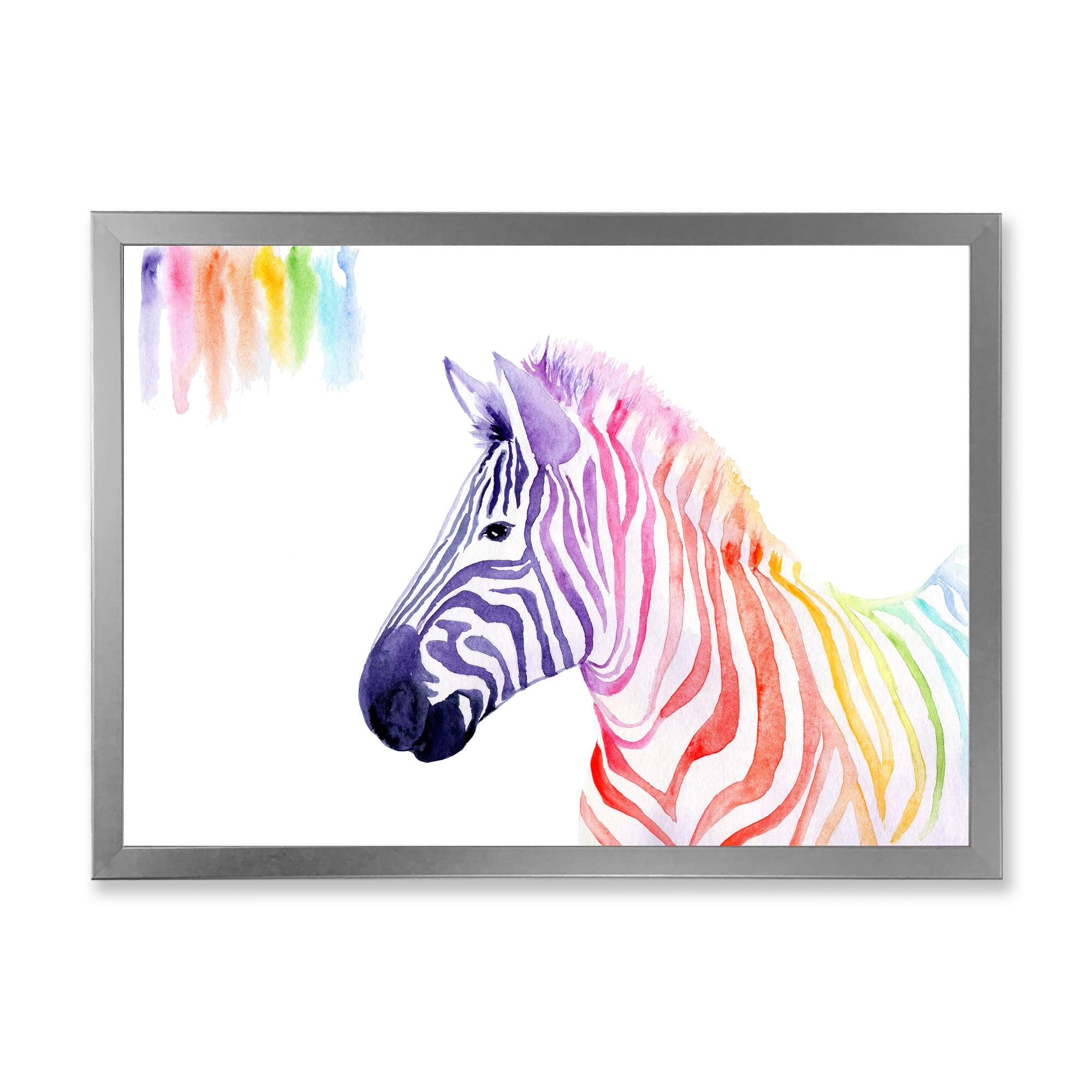 Designart 'Portrait of Rainbow Zebra On White' Farmhouse Framed Art Print