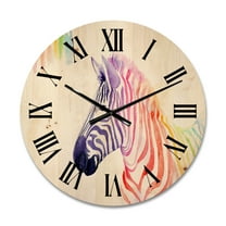Designart 'Portrait of Rainbow Zebra On White' Farmhouse Wood Wall Clock