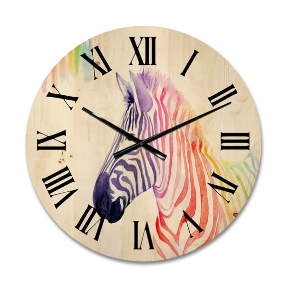 Designart 'Portrait of Rainbow Zebra On White' Farmhouse Wood Wall Clock