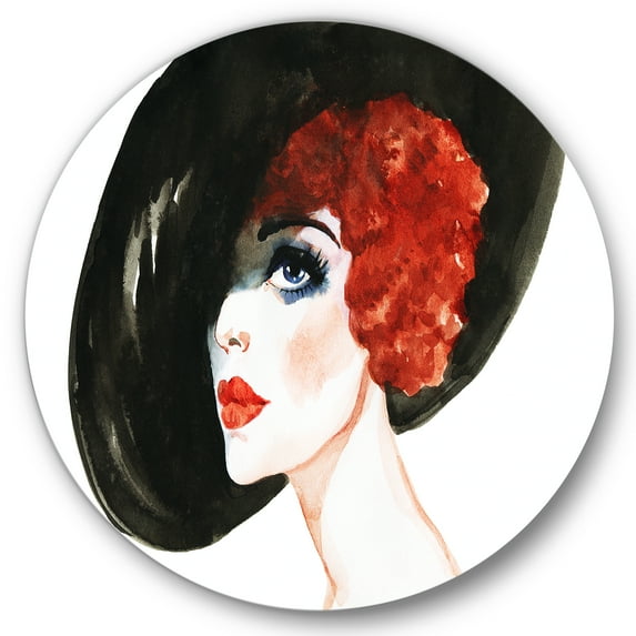 Designart 'Portrait of Woman Red Head Lady In Hat' Modern Circle Metal Wall Art 23x23 - Disc of 23