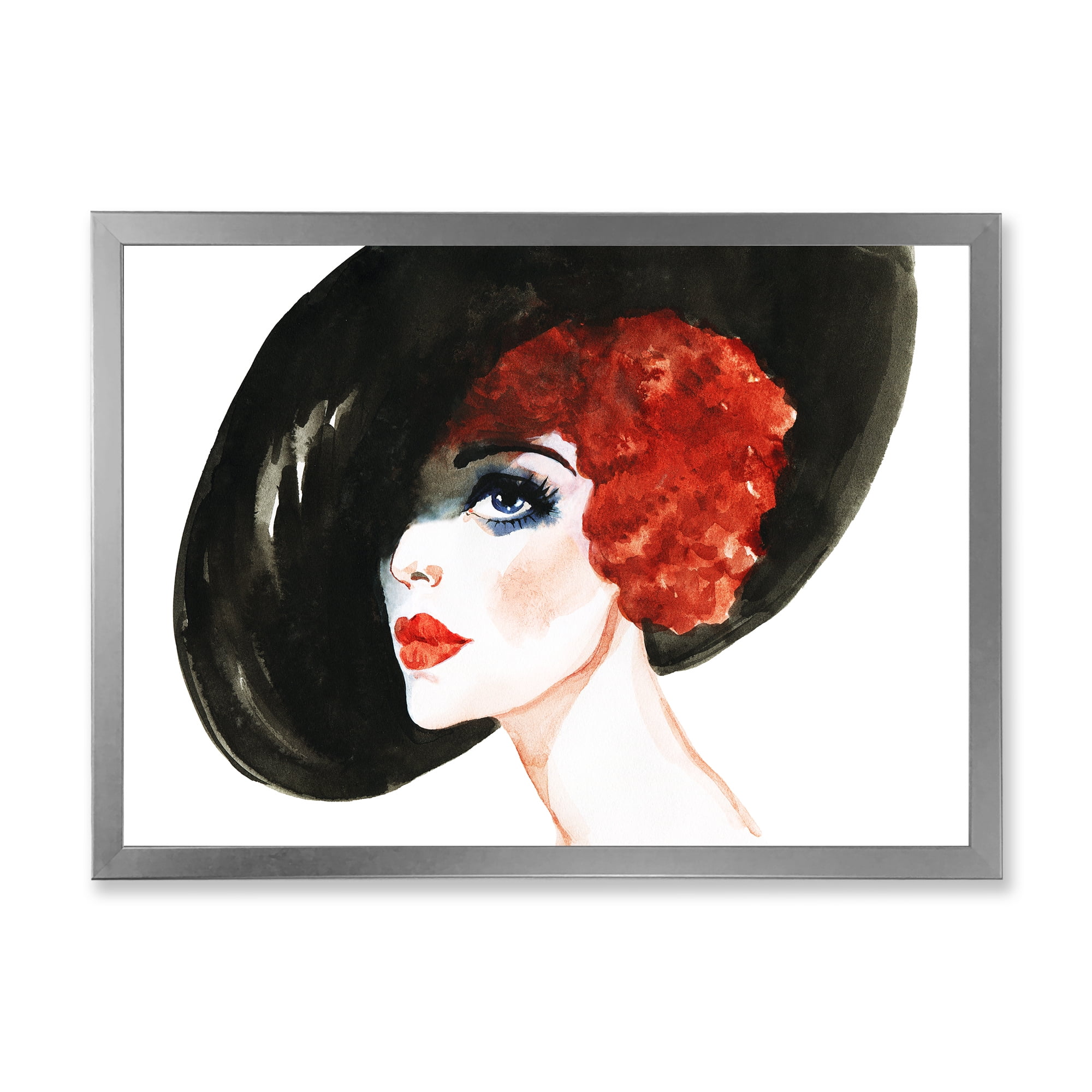 Designart 'Portrait of Woman Red Head Lady In Hat' Modern Framed Art Print
