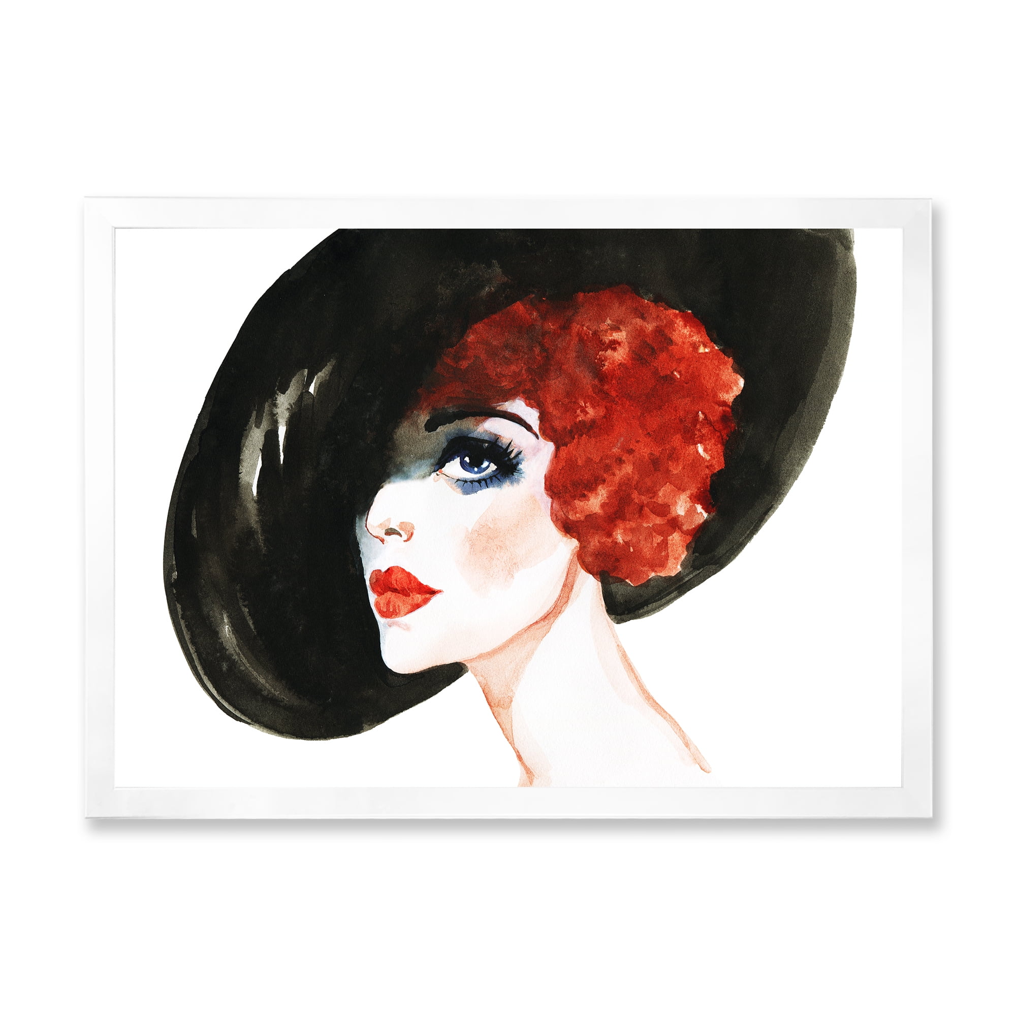 Designart 'Portrait of Woman Red Head Lady In Hat' Modern Framed Art Print