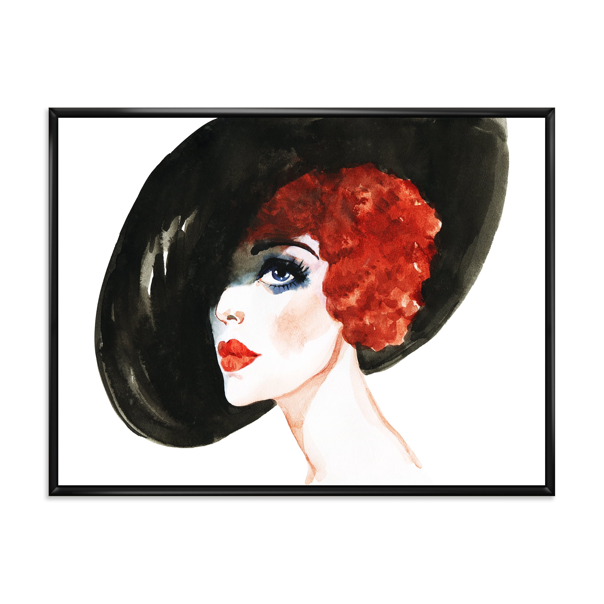 Designart 'Portrait of Woman Red Head Lady In Hat' Modern Framed Canvas Wall Art Print