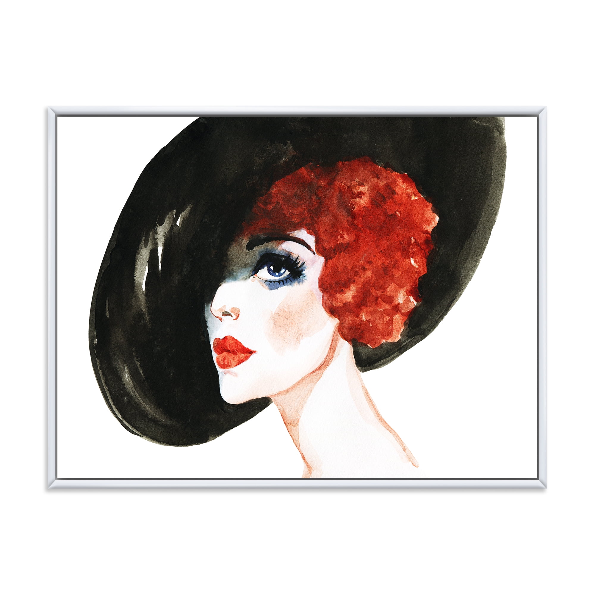 Designart 'Portrait of Woman Red Head Lady In Hat' Modern Framed Canvas Wall Art Print