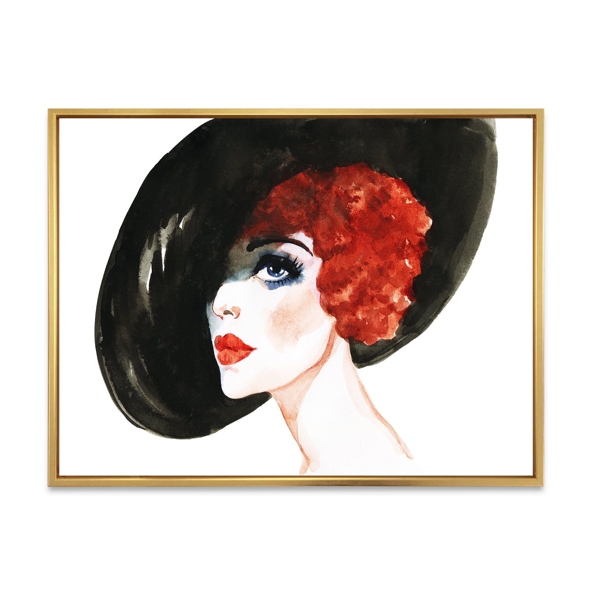 Designart 'Portrait of Woman Red Head Lady In Hat' Modern Framed Canvas Wall Art Print