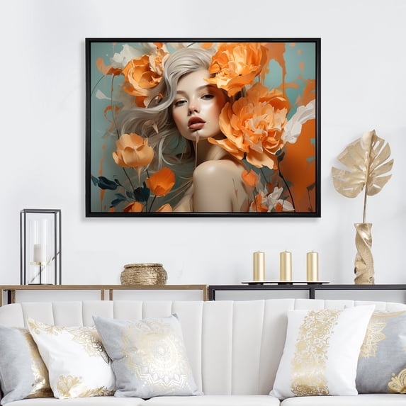Designart "Portrait of Woman with Bloom in Orange III" Fashion Framed Wall Art - Glam Orange Fashion Woman Entryway Framed Wall Art
