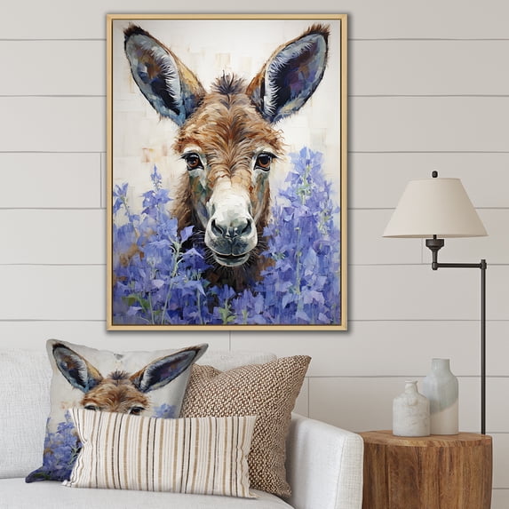Designart "Portrait of a Donkey in Brown and Purple" Animals Framed Wall Art - Traditional Grey Donkey Bedroom Framed Canvas Wall Art