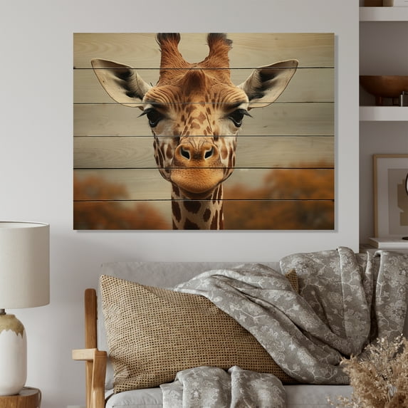 Designart "Portrait of a Gentle Giraffe" Animals Print on Natural Pine Wood