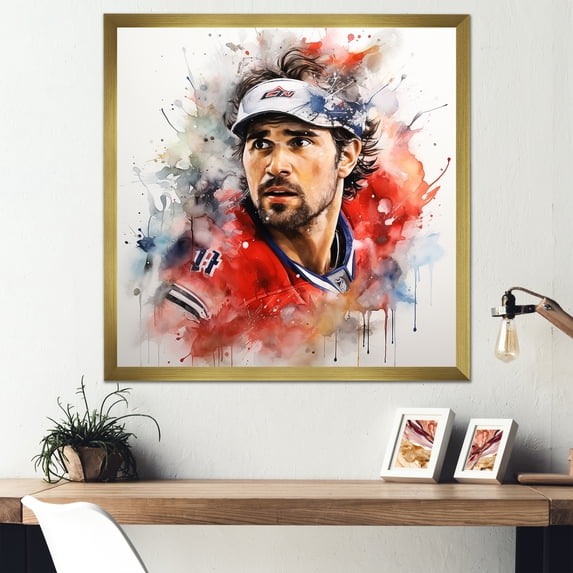 Designart "Portrait of a Hockey Champion's Odyssey I" Sports Framed Wall Art Decor - Modern Red Sport Hockey Living Room Framed Canvas Art