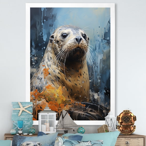 Designart "Portrait of a Seal in White and Blue II" Animals Framed Wall Art - Coastal Blue Coastal Animal Hallway Framed Wall Art Decor