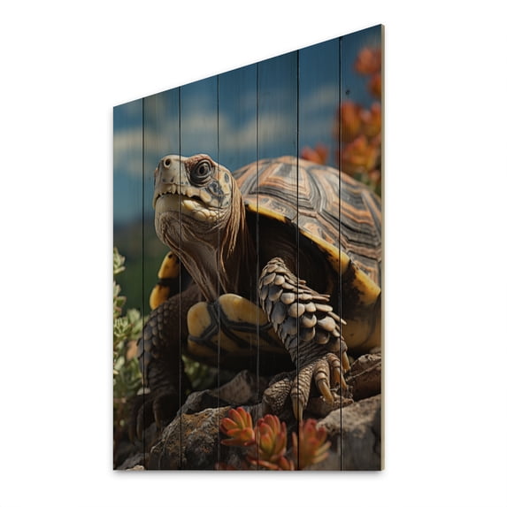 Designart "Portrait of a Turtle s Journey" Animals Print on Natural Pine Wood