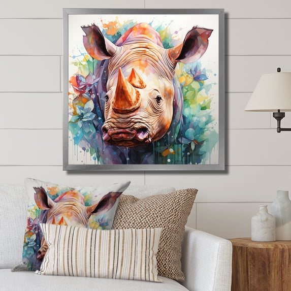 Designart "Portrait of an Innocent Rhino" Animals Framed Wall Art Decor - Modern Green Rhinoceros Entryway Framed Wall Art