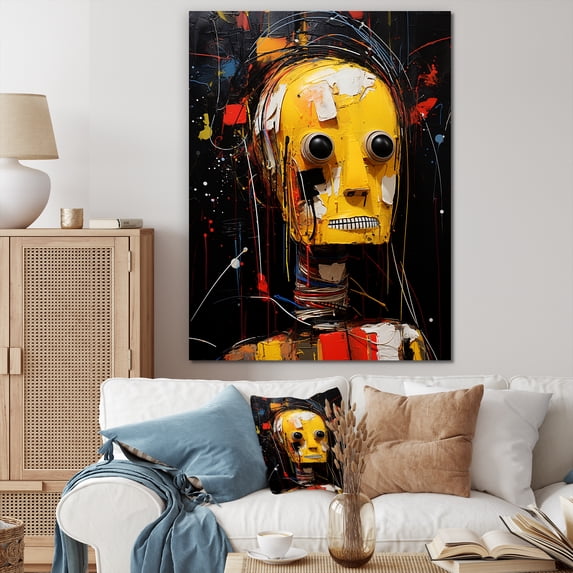 Designart "Portrait of the Rise of Robots" Fashion Canvas Wall Art - Modern Yellow Science Fiction Bedroom Canvas Wall Art