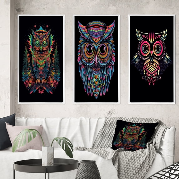 Designart "Portrait on Black Psychedelic Owl III" Animals Owl Framed Wall Art Set Of 3 - Multicolor Owl Frame Canvas Set For Living Room Decor