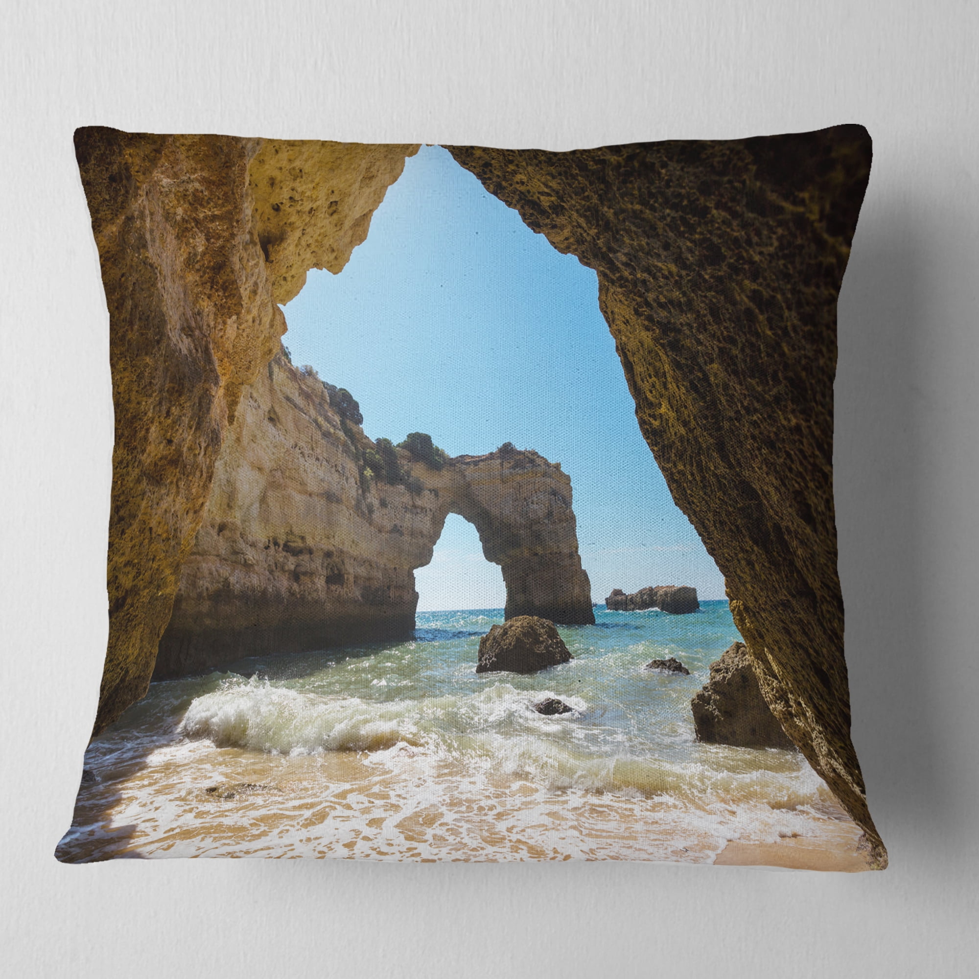 Designart Portugal Coast with Amazing Caves - Landscape Printed Throw Pillow - 16x16