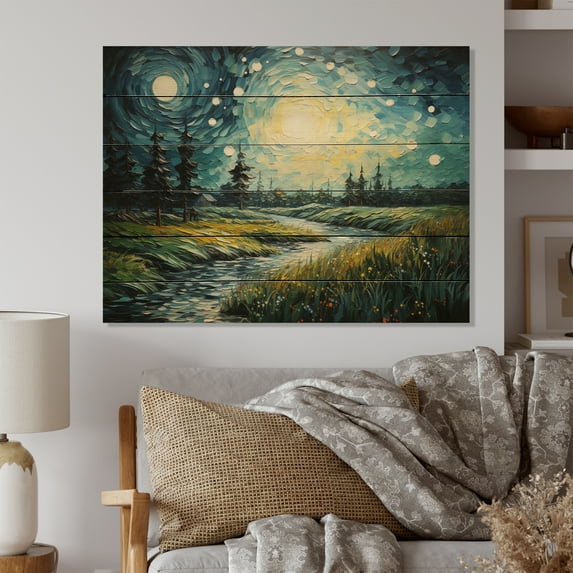 Designart "Post-Impressionist Meadow s Puff II" Vangogh Print on Natural Pine Wood