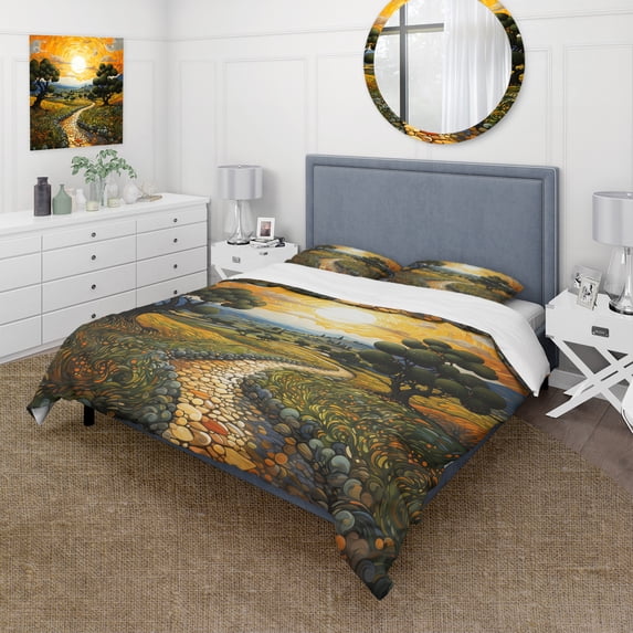 Designart "Post-Impressionist Olive Haven" Vangogh Bedding Covert Set - Landscapes Green Traditional Bed Set With 1 Sham