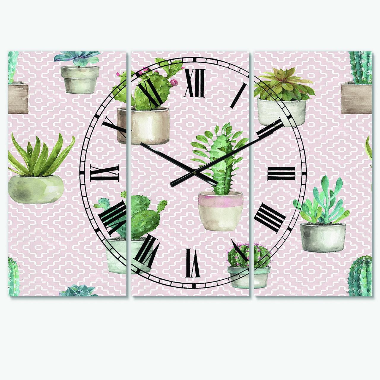 Designart 'Potted Cactus on Pink Geometrical Pattern' Traditional Wall Clock