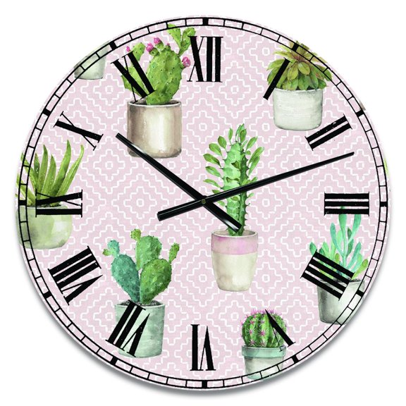 Designart 'Potted Cactus on Pink Geometrical Pattern' Traditional wall clock