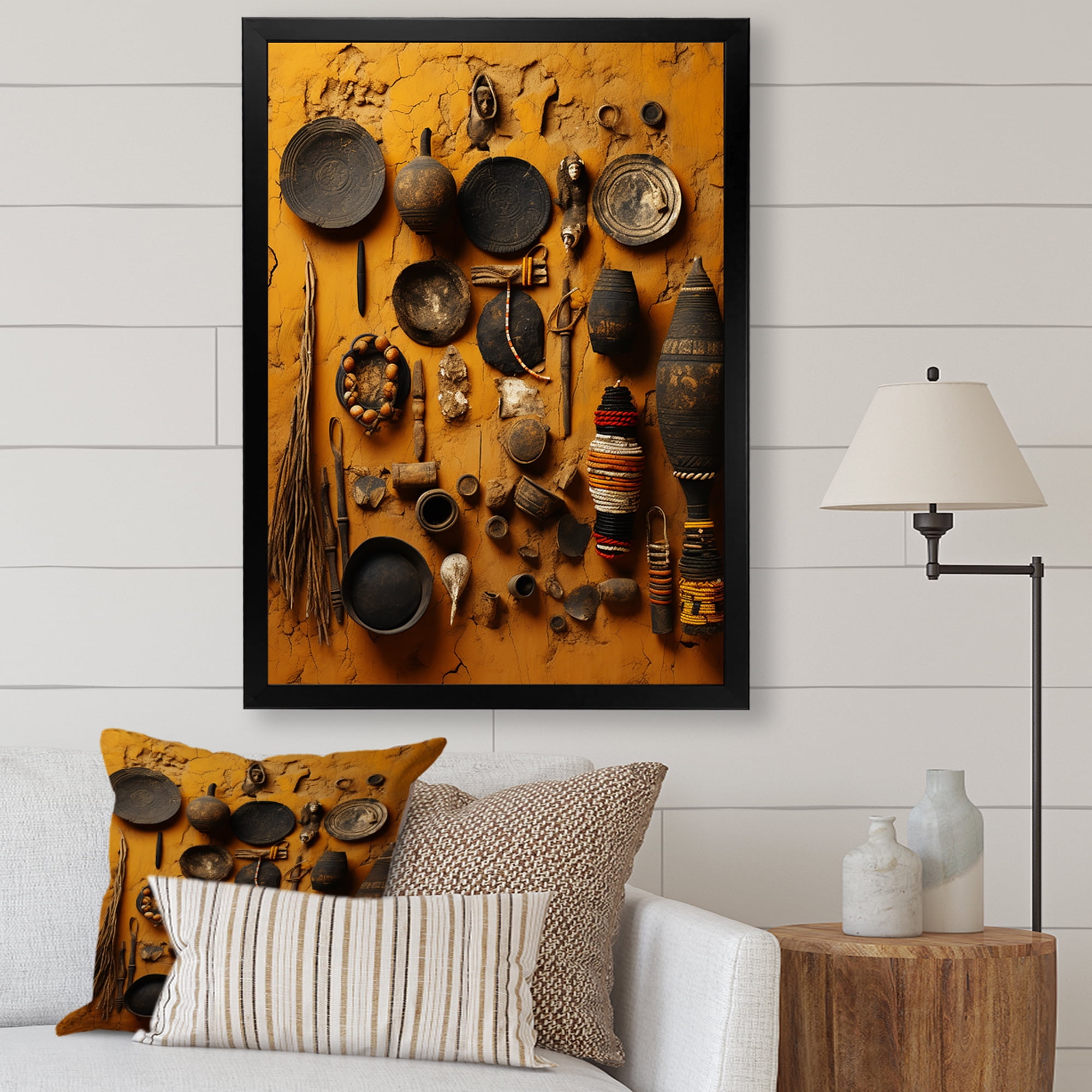 Designart "Pottery Canvas Black African" Geometric Framed Wall Art