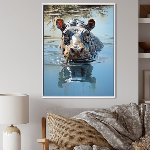 Designart "Powerful Hippo Waters Reflect in Grey I" Animals Framed Wall Art - Modern Grey Hippopotamus Living Room Framed Canvas Art