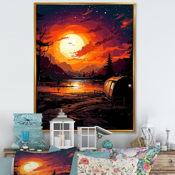 Designart "Prairie Sunset Camp Getaway I" Landscapes Framed Wall Art - Country Red Camping Travel Entryway Framed Wall Art