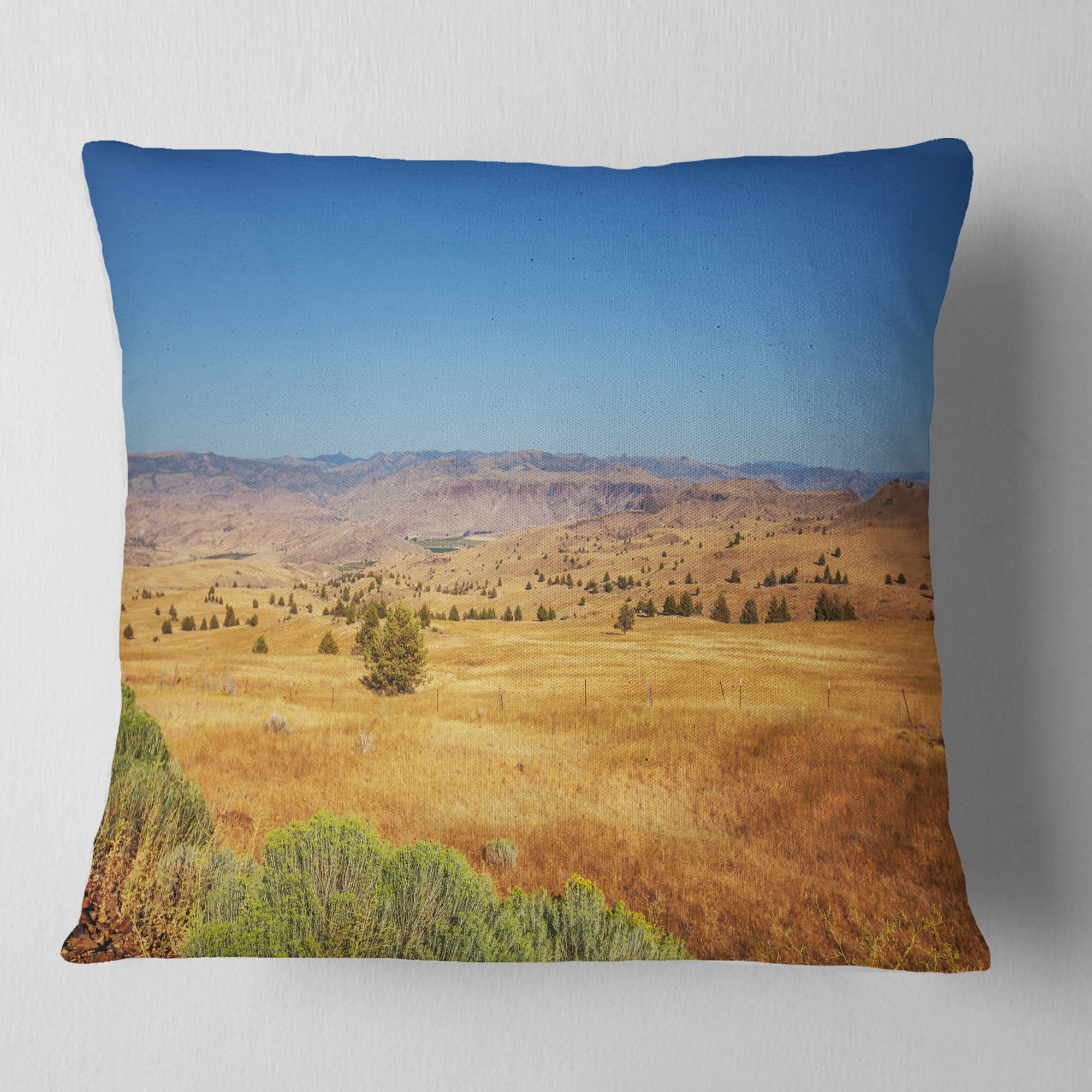 Designart Prairie with Bright Blue Sky - Landscape Printed Throw Pillow - 16x16