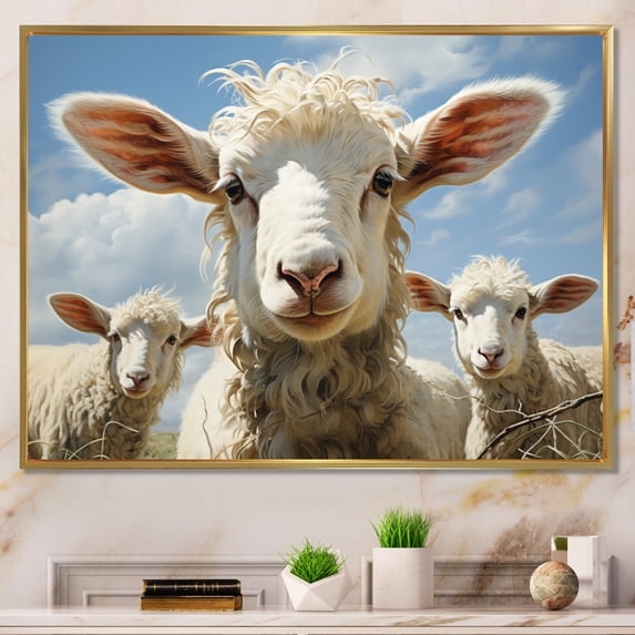 Designart "Prairies Guardians White Sheep s Watchful Eyes II" Animals Floater Framed Canvas Wall Art