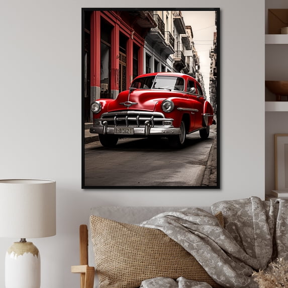 Designart "Preserving Red Cuban Car Legacy" Cuba Floater Framed Canvas Wall Art