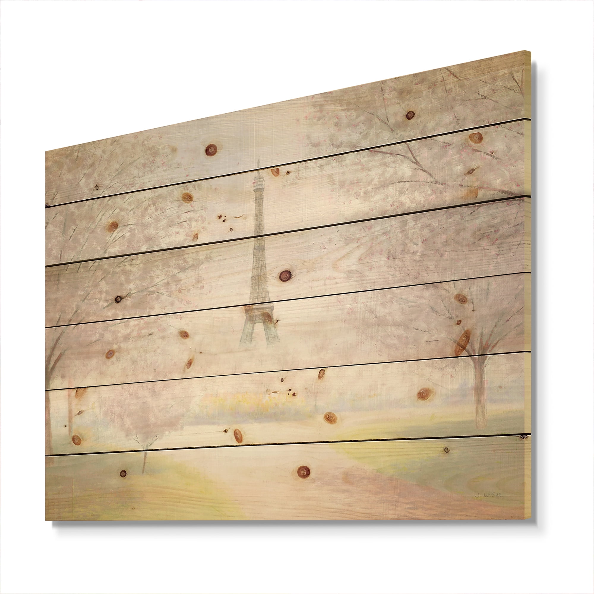 Designart 'Pretty Paris ' Landscape Print on Natural Pine Wood